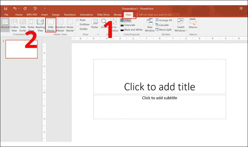 Truy cập vào thẻ View, rồi chọn mục Slide Master