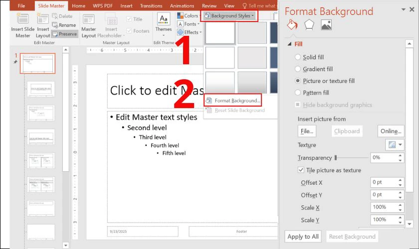 họn Background styles, khi đó hộp thoại Format Background mở ra