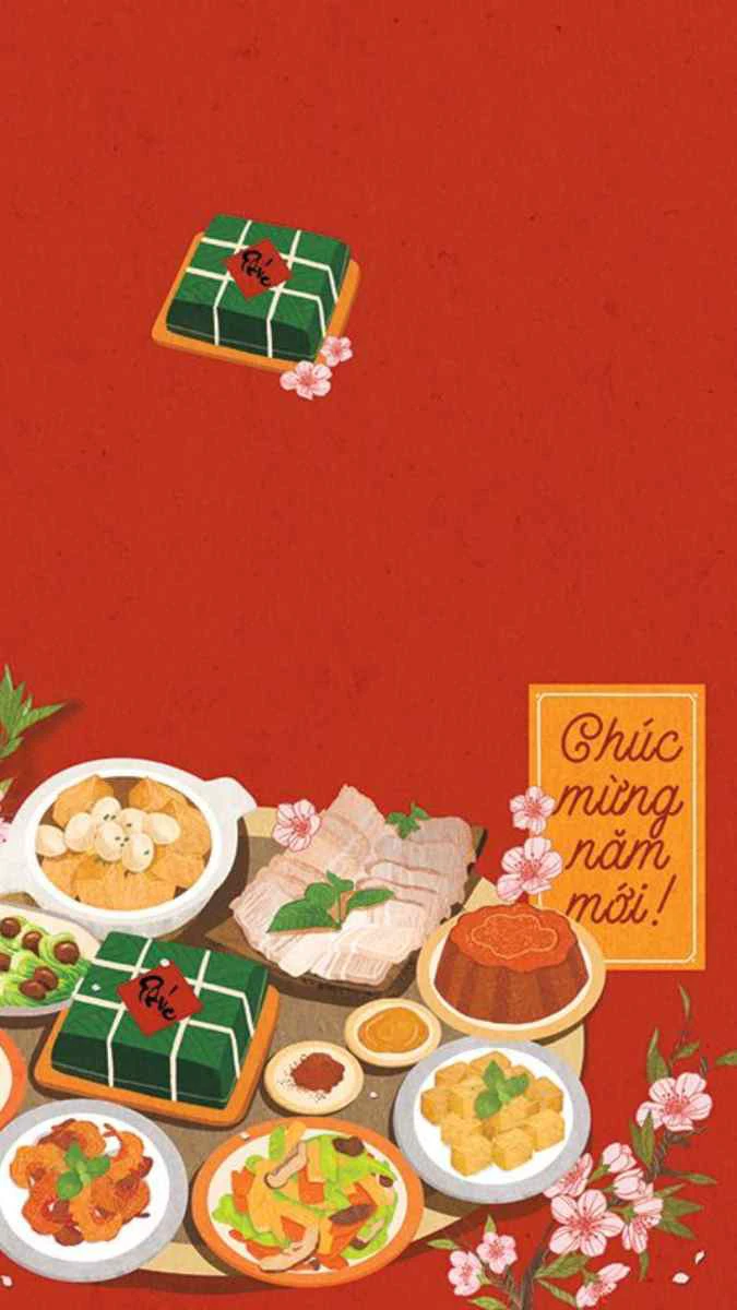 Hình nền Tết 2026 Bính Ngọ chủ đề ẩm thực đầy sắc màu