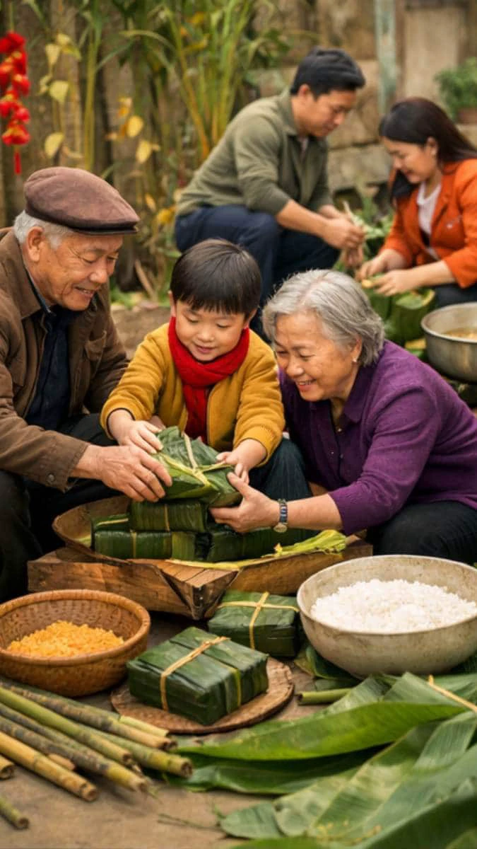 Hình nền Tết gia đình 2026 quây quần gói bánh chưng