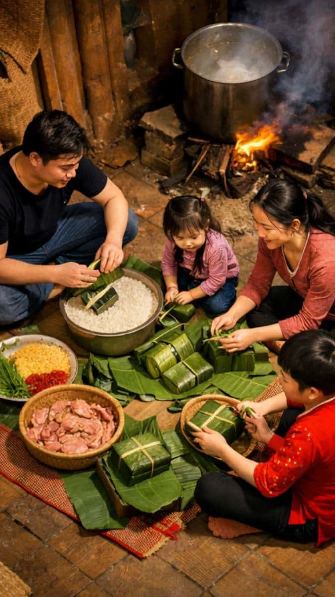 Hình nền Tết gia đình 2026 quây quần gói bánh chưng dễ thương