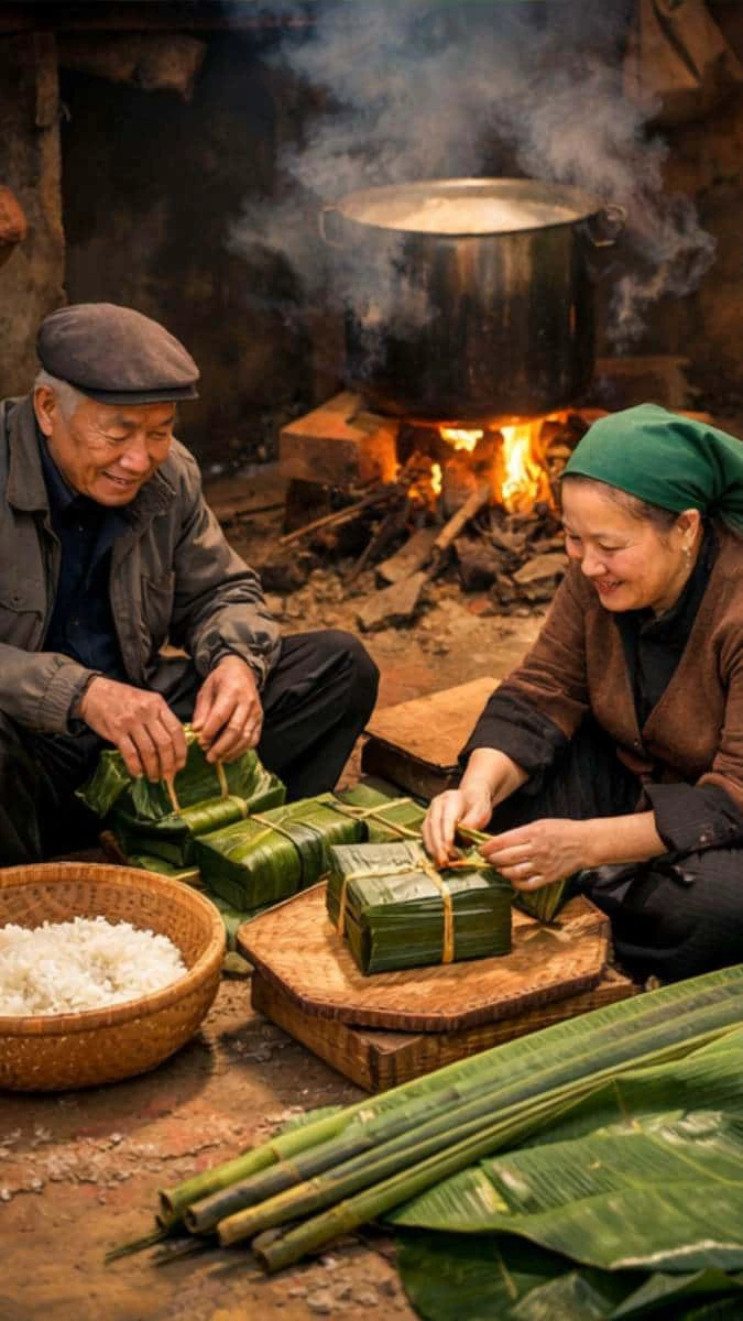 Hình nền Tết gia đình 2026 quây quần gói bánh chưng ấm áp
