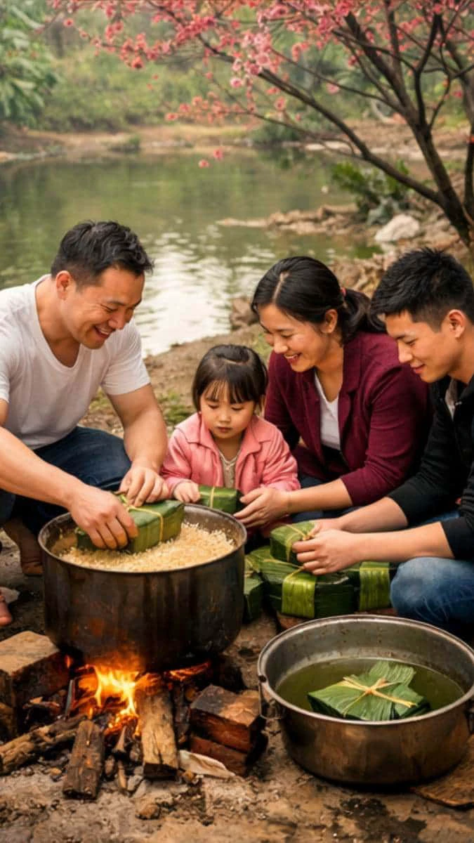 Hình nền Tết gia đình gói bánh chưng đáng yêu