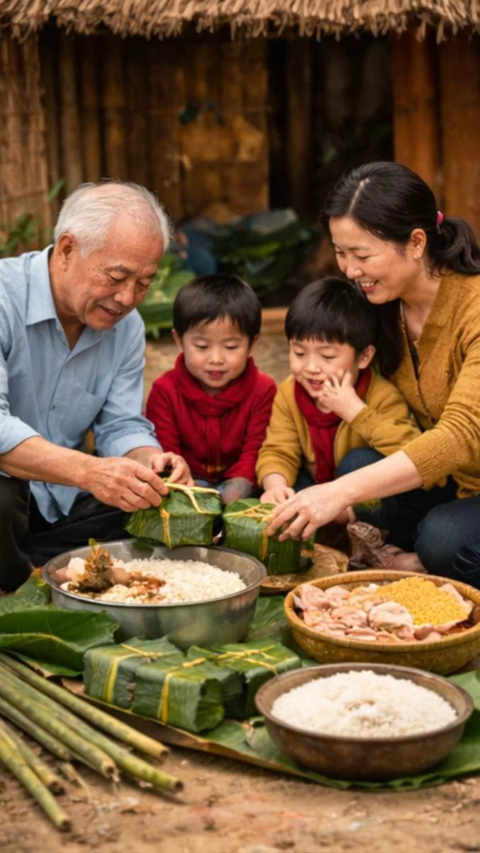 Hình nền Tết gia đình gói bánh chưng ngập tràn sắc xuân