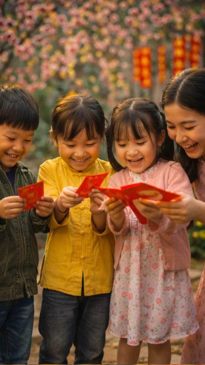 Hình nền Tết gia đình 2026 trẻ em nhận lì xì