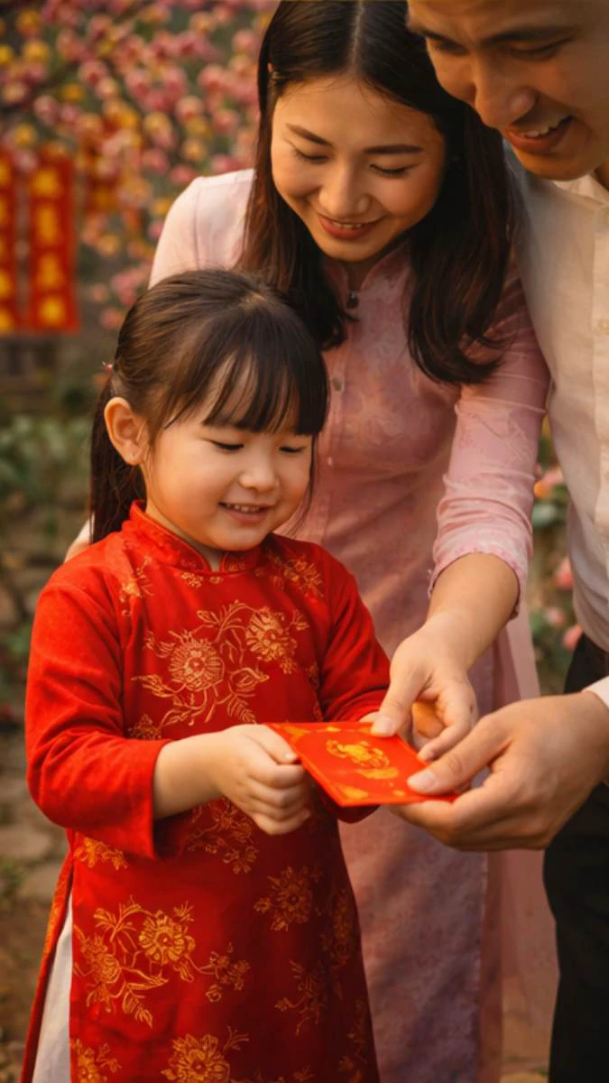 Hình nền Tết gia đình 2026 trẻ em nhận lì xì sống động