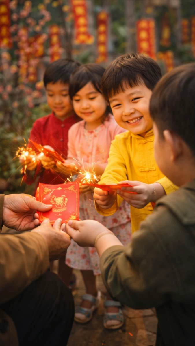 Hình nền Tết gia đình 2026 trẻ em nhận lì xì vui tươi