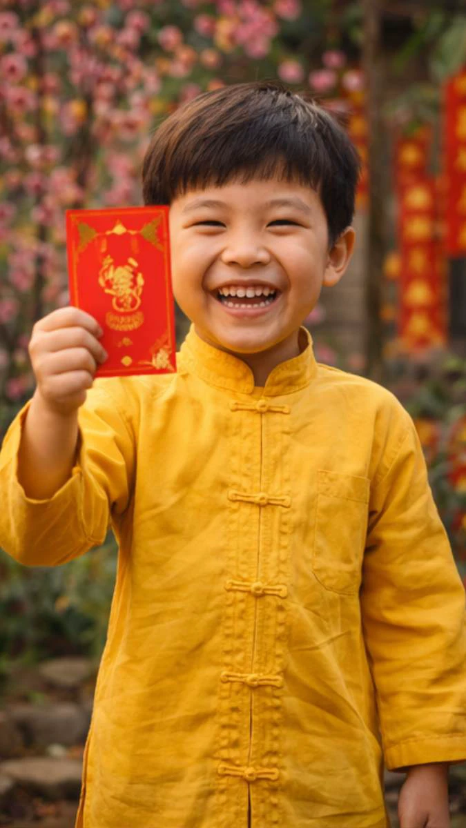 Hình nền Tết gia đình 2026 trẻ em nhận lì xì bắt mắt