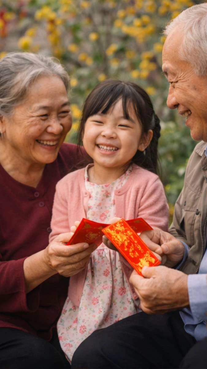 Hình nền Tết gia đình 2026 trẻ em nhận lì xì tinh nghịch