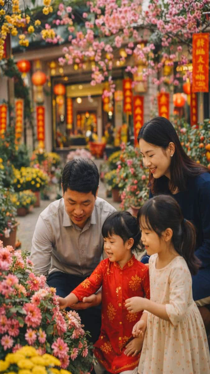 Hình nền Tết gia đình trang trí nhà cửa đón xuân rộn ràng