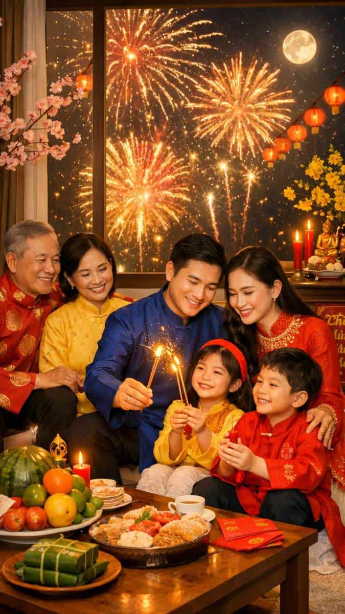 Hình nền Tết gia đình 2026 khoảnh khắc giao thừa ấm áp