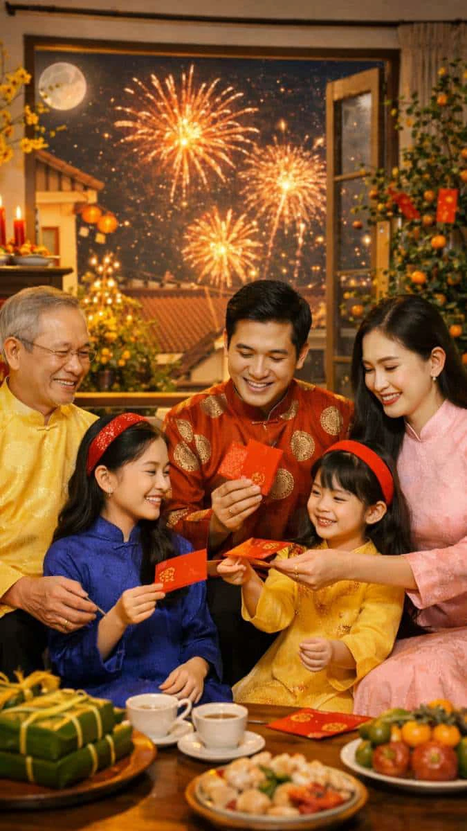Hình nền Tết gia đình 2026 khoảnh khắc giao thừa tươi vui