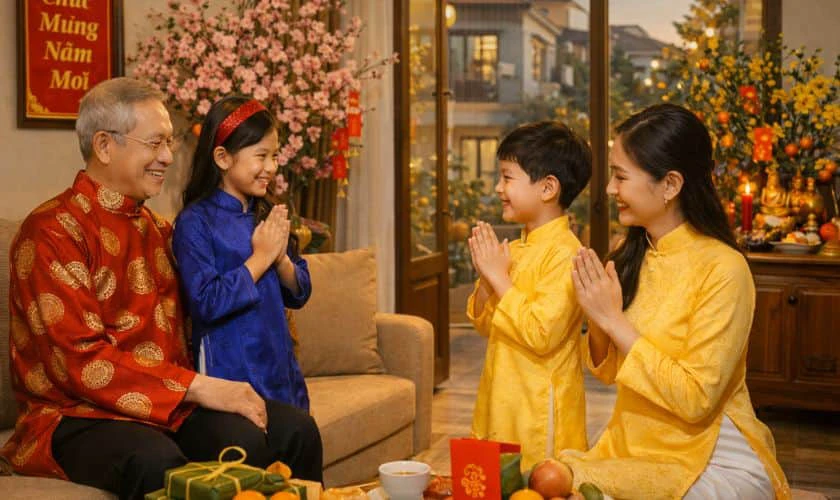 Hình nền Tết 2026 gia đình chúc Tết ông bà hạnh phúc