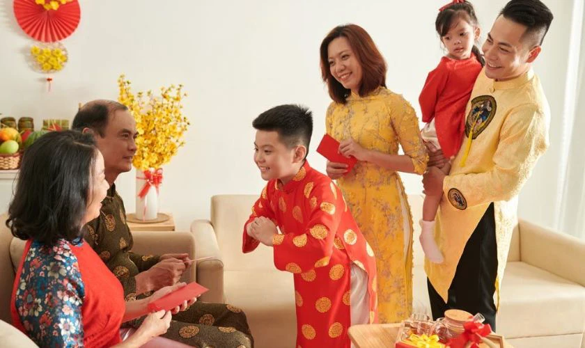 Hình nền Tết 2026 gia đình chúc Tết ông bà êm đềm