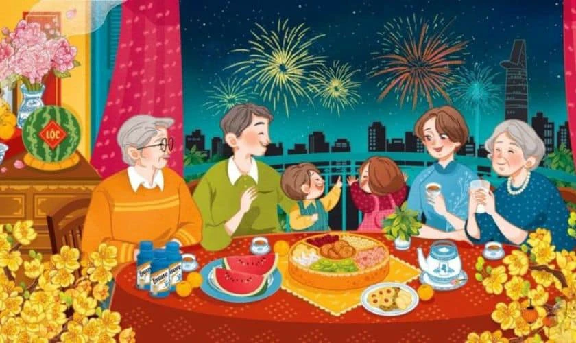 Ảnh gia đình đón giao thừa sinh động