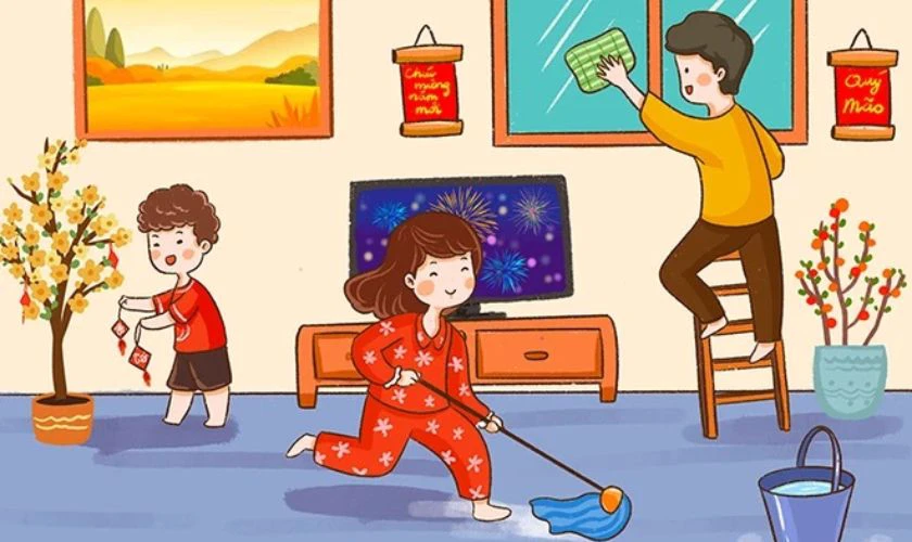 Hình nền Tết 2026 gia đình trang trí nhà cửa tràn ngập vui tươi