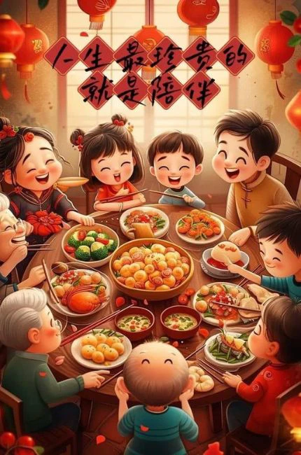 Hình nền Tết 2025 chibi về gia đình vui vẻ ăn cơm