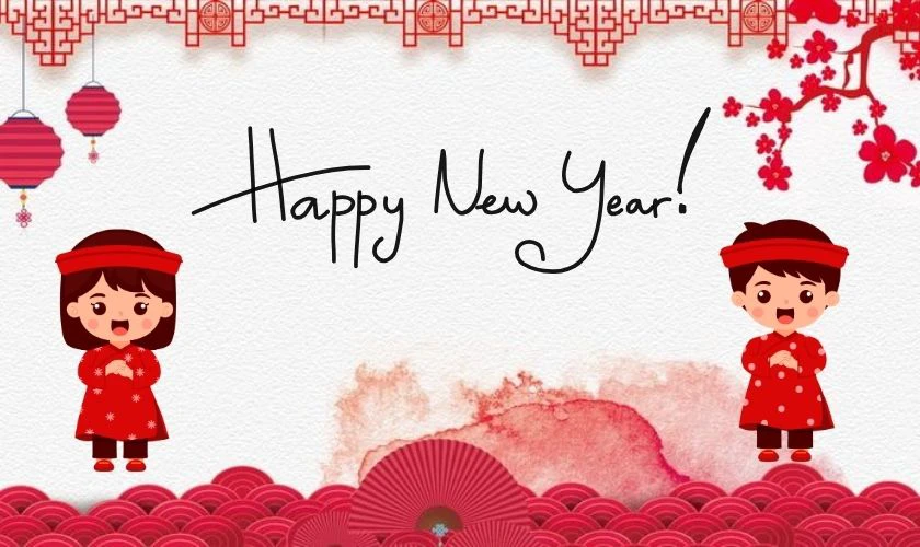 Wallpaper Tết chibi tone hồng - Happy New Year