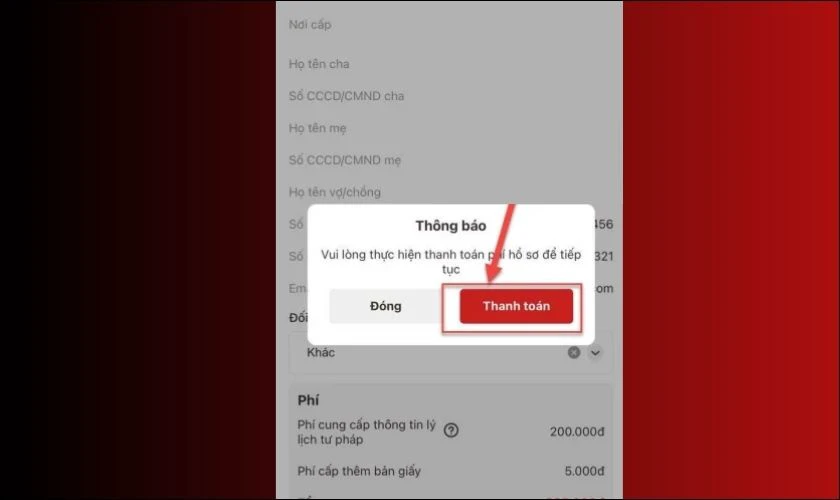Bước 5: Xác nhận thanh toán hồ sơ