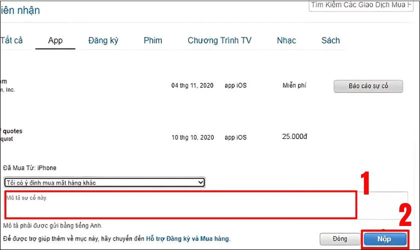 Nhấn Nộp để gửi yêu cầu