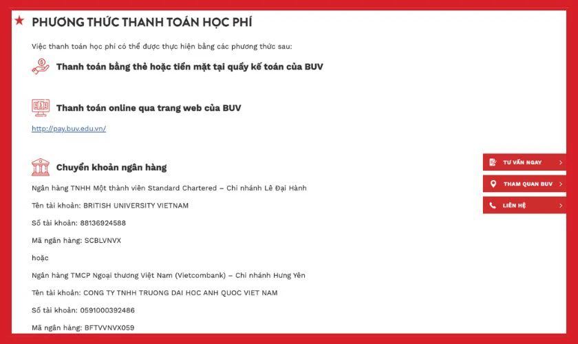 Cách đóng học phí BUV năm 2025
