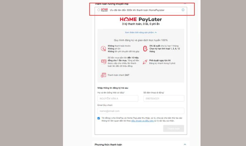 Chọn mục Home PayLater