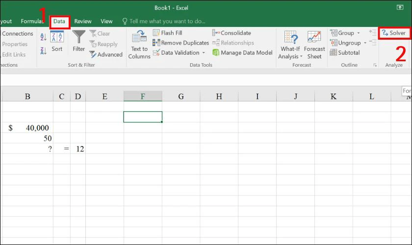 Vào Data, chọn Analysis và chọn Solver