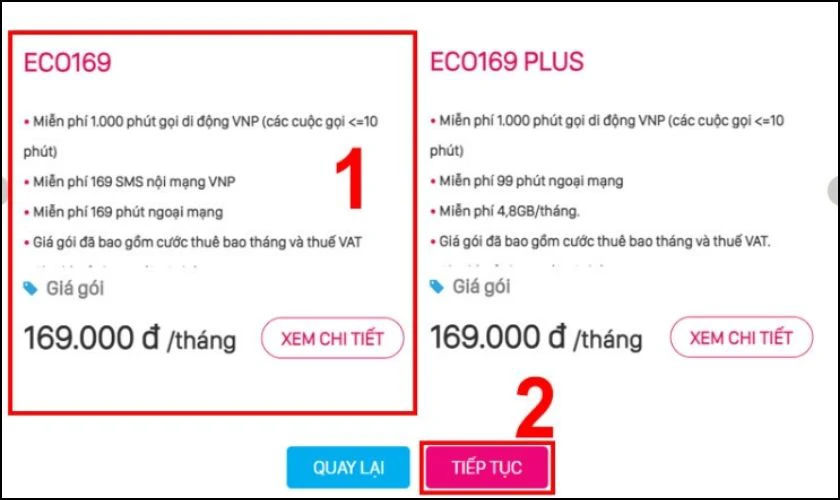 Chọn gói cước mà bạn muốn đăng ký