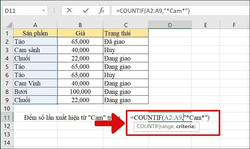Cách sử dụng hàm COUNTIF để đếm giá trị text