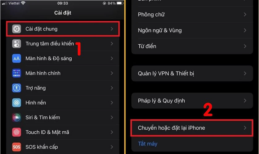 Chọn Đặt lại/Chuyển hoặc Đặt lại iPhone