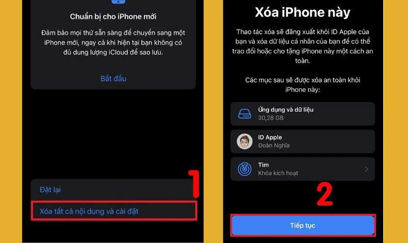 Chọn Xóa tất cả nội dung và cài đặt, chọn Tiếp tục