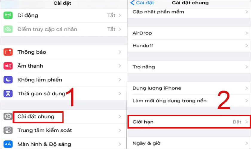 Vào Cài đặt, chọn Cài đặt chung và chọn Giới hạn
