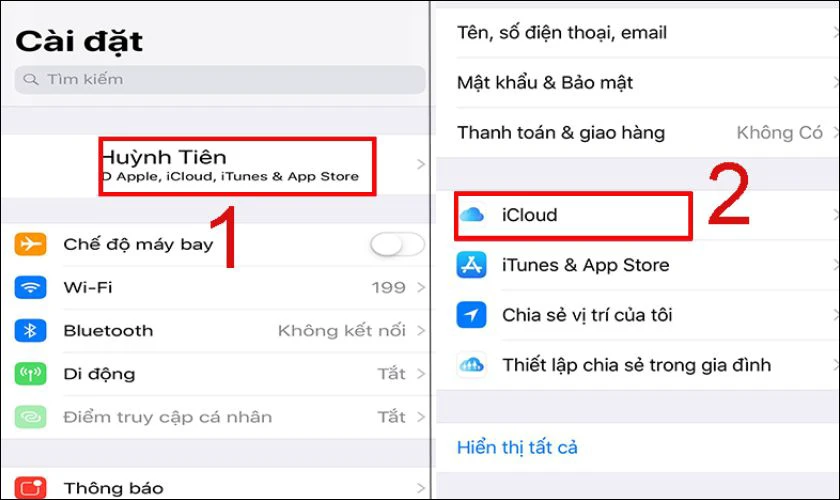 Vào Cài đặt chọn ID Apple, chọn iCloud