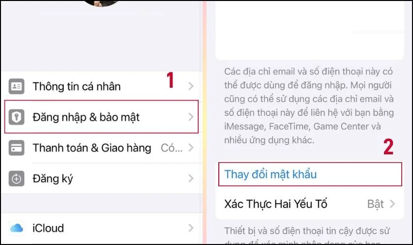 Nhấn vào Thay đổi mật khẩu trong Đăng nhập & bảo mật