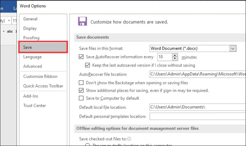 Trong hộp thoại Word Options chọn mục Save 