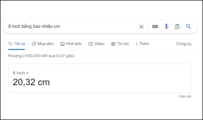 Đổi online đơn vị Inch trên Google là bằng bao nhiêu cm