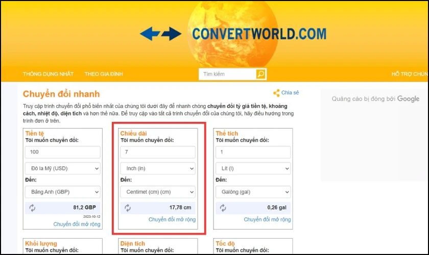 Click chọn vào mục Chiều dài trong Web ConvertWorld