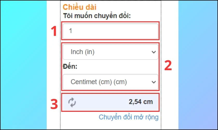 Lựa chọn đơn vị đổi là Inch và đơn vị đầu ra mong muốn