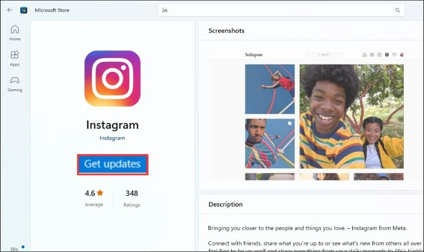 Kiểm tra ứng dụng Instagram trong Microsoft Store và bấm Get update