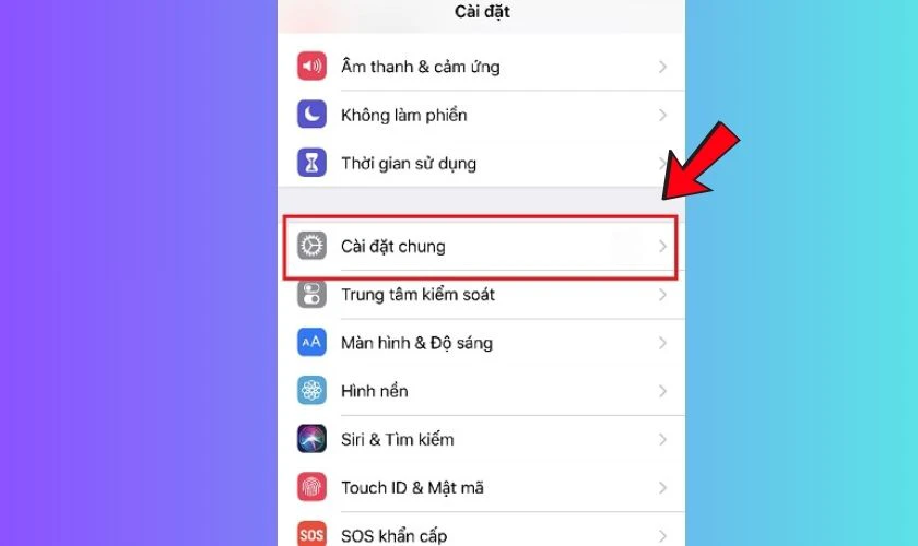 Trong menu Cài đặt, kéo xuống và chọn Cài đặt chung