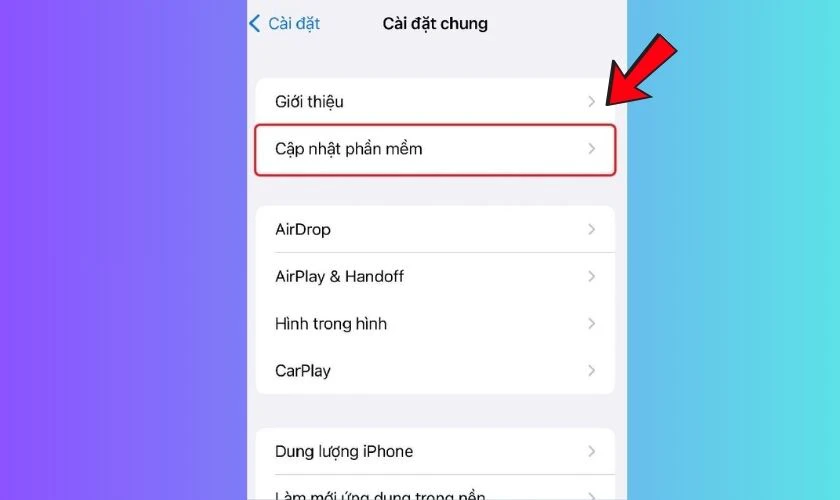 Tại mục Cài đặt chung, bạn chọn Cập nhật phần mềm