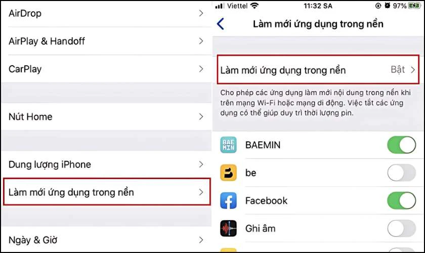 Làm mới ứng dụng trong nền