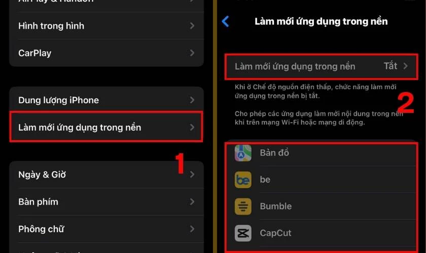 Nhấn vào mục Làm mới ứng dụng trong nền, sau đó tiếp tục chọn Tắt