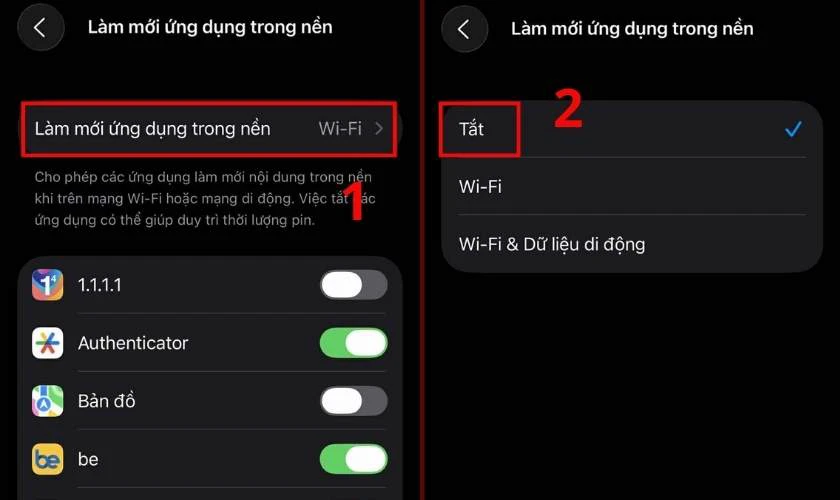 Chọn Làm mới ứng dụng trong nền