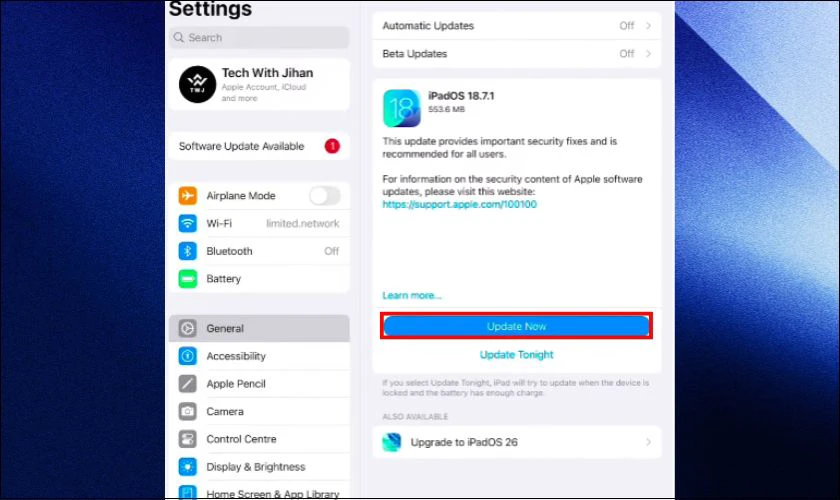 Cách cập nhật iPadOS 18.7