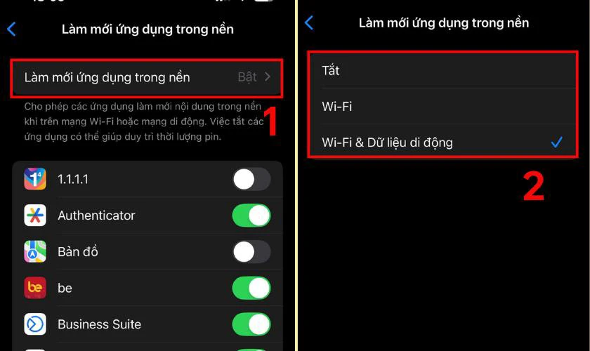 Chọn mục Làm mới ứng dụng trong nền
