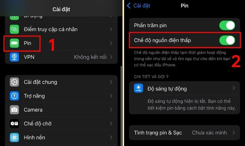 Bật Chế độ nguồn điện thấp khi pin yếu