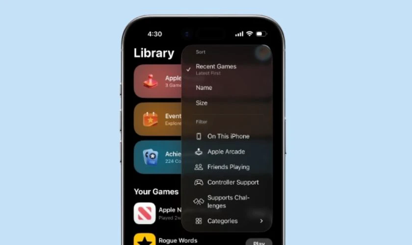iOS 26.2 có gì mới - Sắp xếp game theo dung lượng lưu trữ