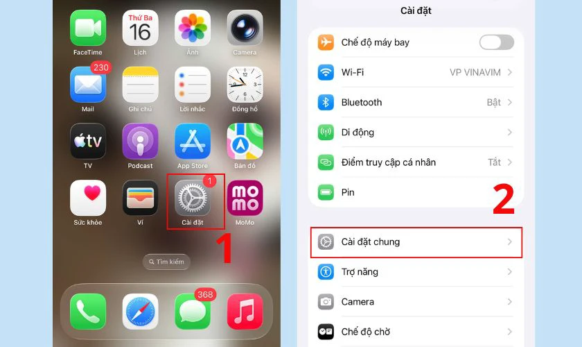 Vào phần Cài đặt, chọn Cài đặt chung