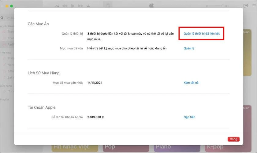 Cuộn xuống phần Các mục ẩn, nhấn vào Quản lý thiết bị đã liên kết